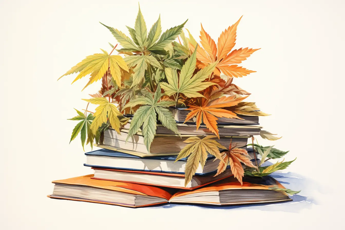 Eine besondere Kombination aus Hanfblättern und Büchern zeigt die Vielfalt von Natur und Wissen. Die Pflanze, die viele Namen besitzt, ist Cannabis. Sie macht das Lesen von farbenfrohen Büchern interessanter, wenn sie diese verziert.