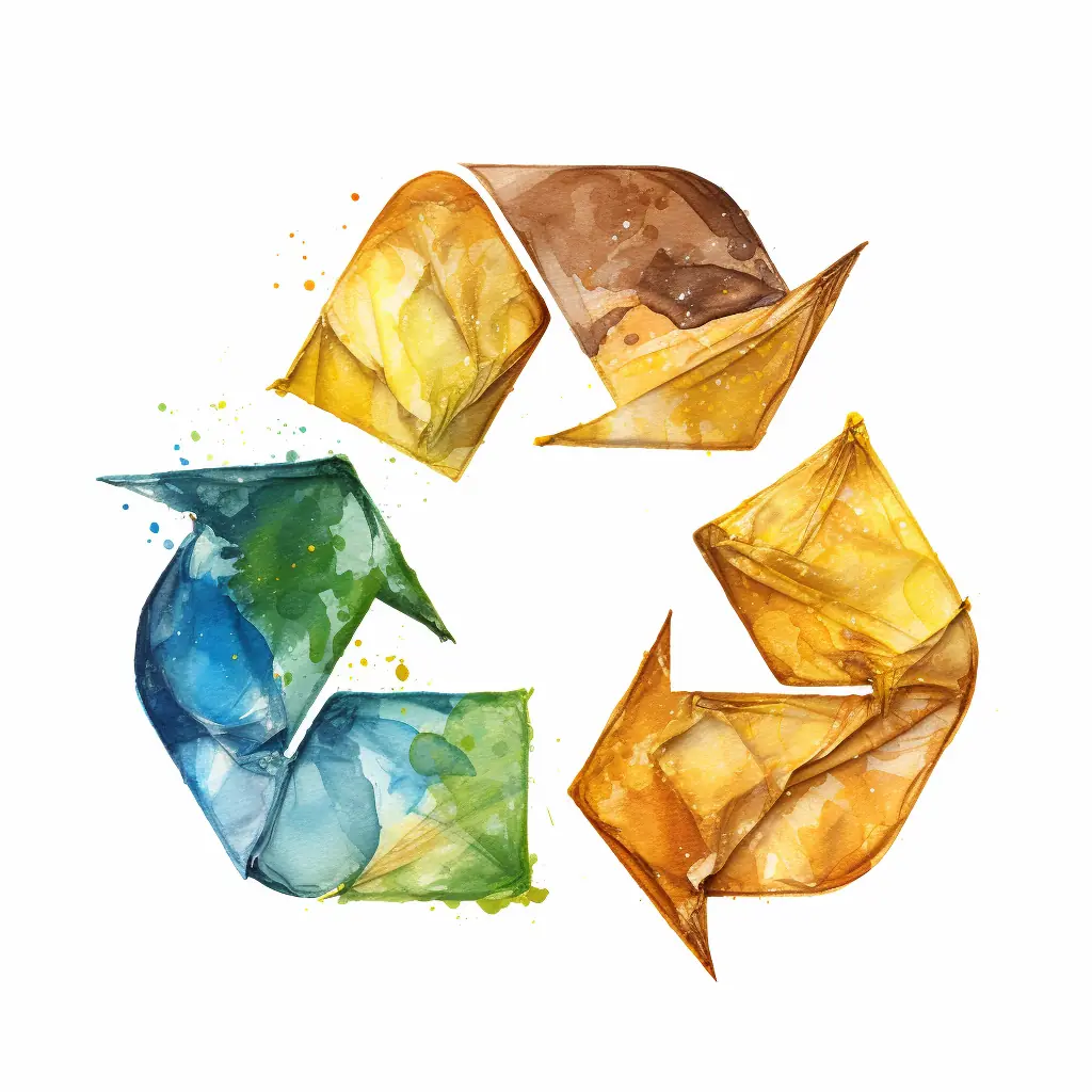 Eine kreative Grafik, die Recycling in sanften Farbnuancen wiedergibt, ist ein künstlerischer Ausdruck für den Umweltschutz, der wie eine Verbindung aus Wirklichkeit und Bild aussieht. Ein beiger Hintergrund ist der Untergrund für ein Recycling-Symbol.