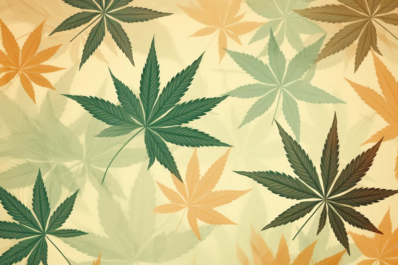 Cannabis Social Club in Darmstadt: Freundliches Ambiente mit weichen Cannabisblättern Ein beiger Hintergrund mit einer Gestaltung aus Cannabisblättern, das für einen Cannabis Social Club in Darmstadt konzipiert wurde.